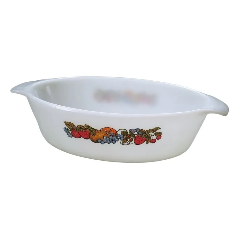 Anchor Hocking Milk Glass Casserole Dish Fruit Theme 1.5  Quart Oval